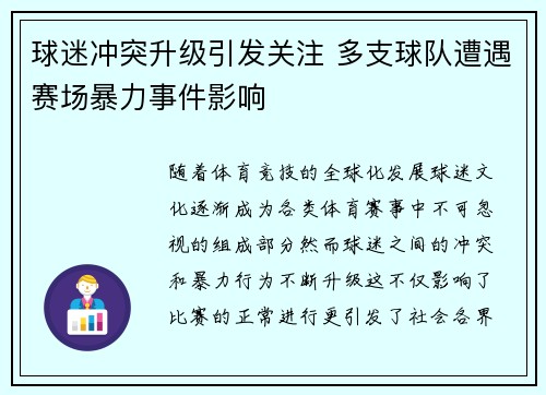 球迷冲突升级引发关注 多支球队遭遇赛场暴力事件影响