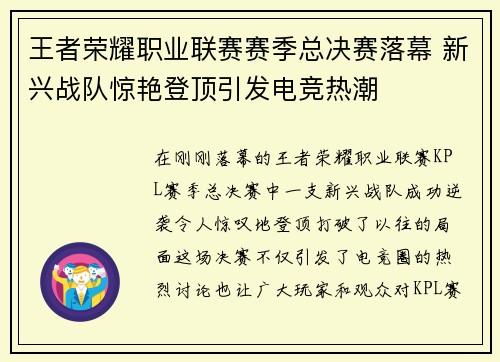 王者荣耀职业联赛赛季总决赛落幕 新兴战队惊艳登顶引发电竞热潮