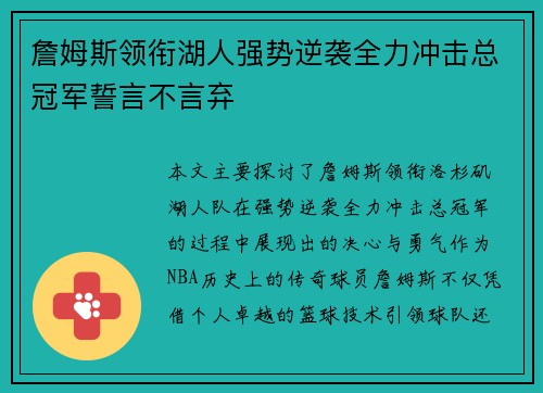詹姆斯领衔湖人强势逆袭全力冲击总冠军誓言不言弃