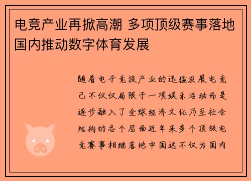 电竞产业再掀高潮 多项顶级赛事落地国内推动数字体育发展